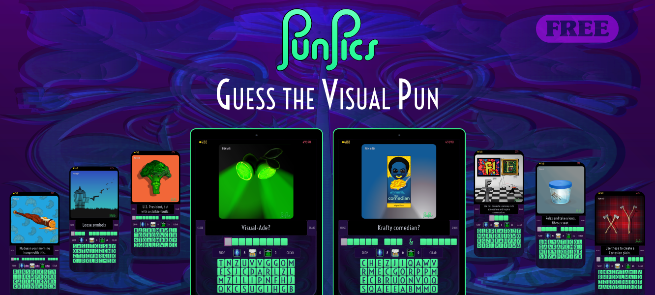 Image of PunPics levels displayed on tablets and phones